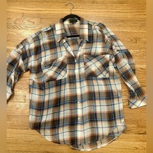 Women’s Sheer Plaid Blouse - Blue, Brown, and White